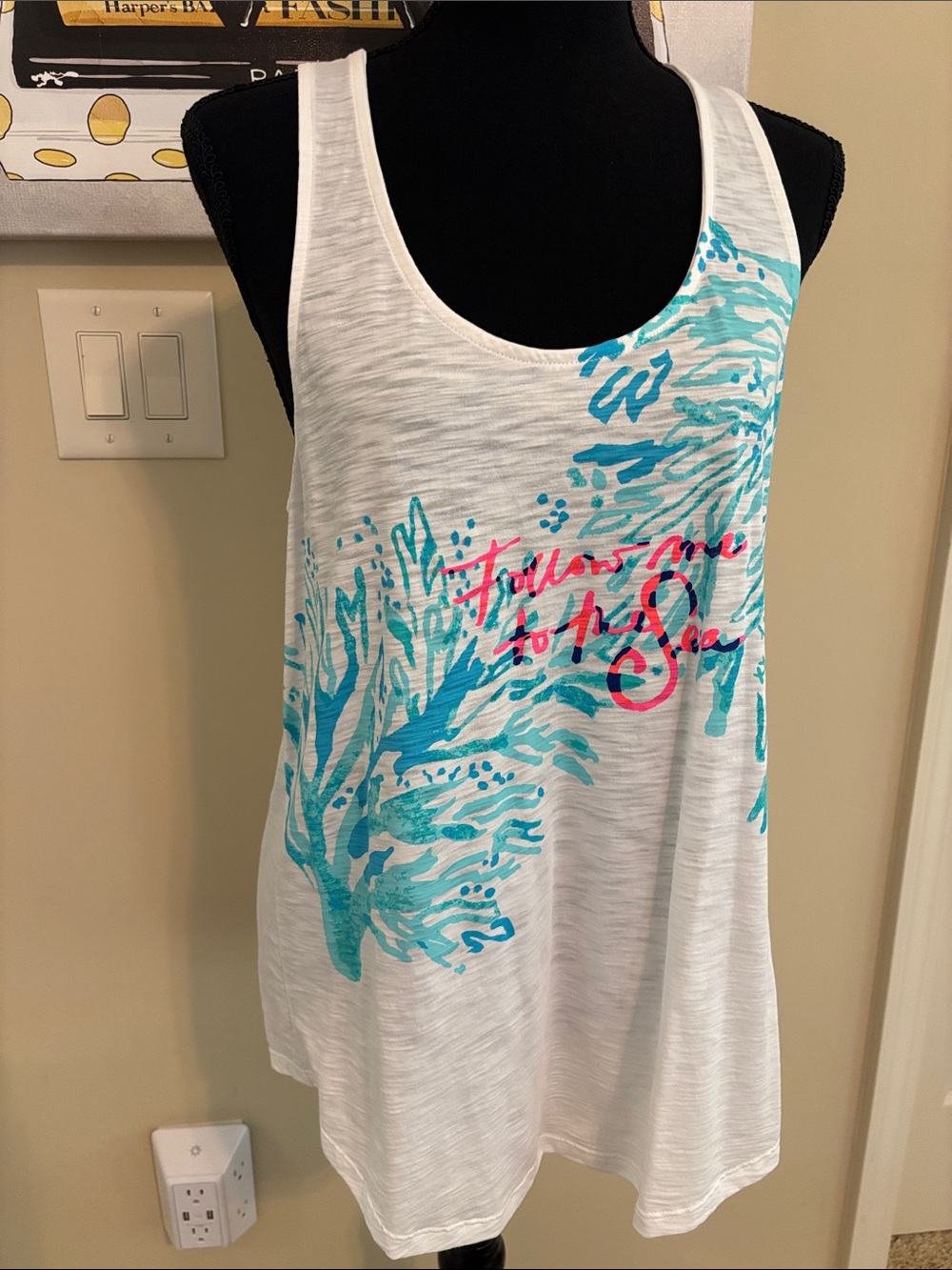 Lilly Pulitzer White Tank with Teal & Pink Graphic